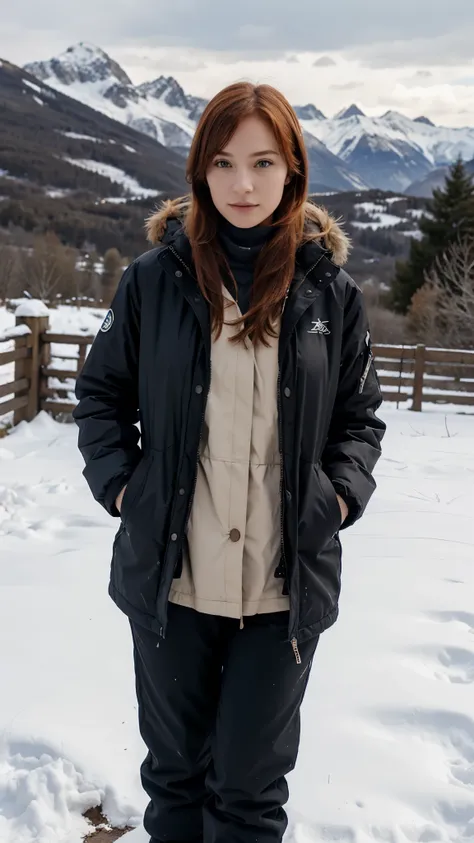 jeune femme, 28 ans, rousse, neige, montagne, pantalon, manteau