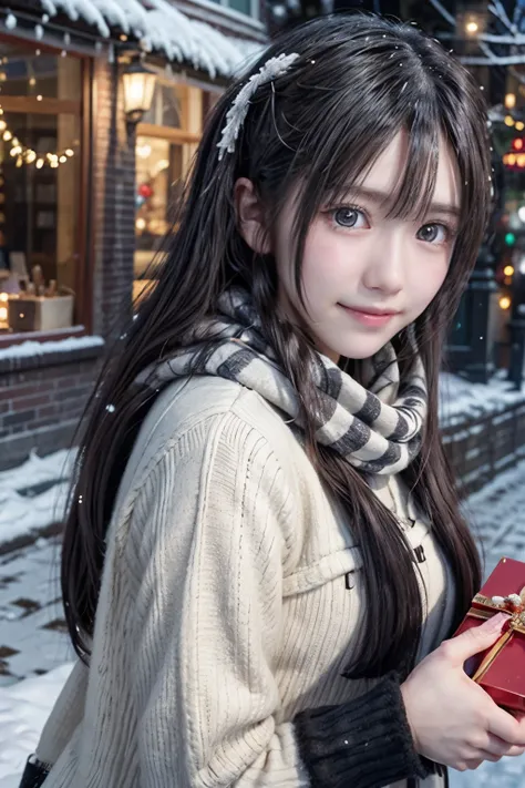 (A close-up of one girl is、Has long hair with dull bangs in a winter uniform and scarf coat:1.5)、(One girl with a shy smile、Holding a gift box with gloves in hand:1.5)、(Snowy winter night street corner with Christmas lights:1.5)、(perfect anatomy:1.3)、(no m...