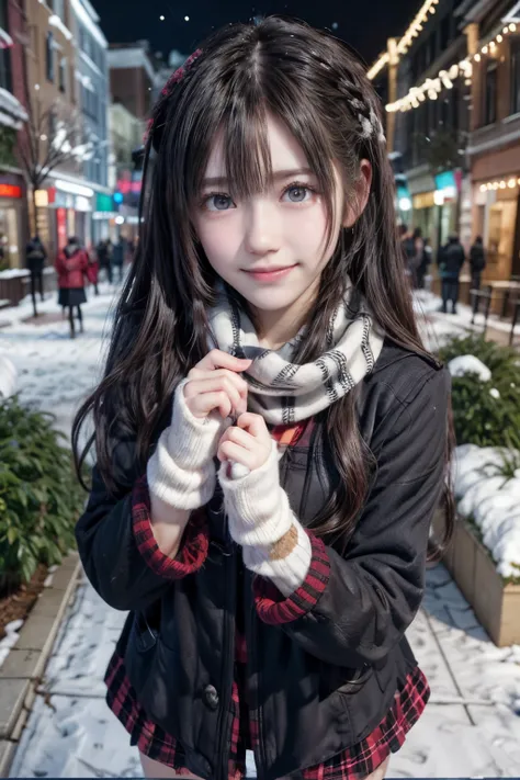 (A close-up of one girl is、Has long hair with dull bangs in a winter uniform and scarf coat:1.5)、(One girl with a shy smile、Holding a gift box with gloves in hand:1.5)、(Snowy winter night street corner with Christmas lights:1.5)、(perfect anatomy:1.3)、(no m...