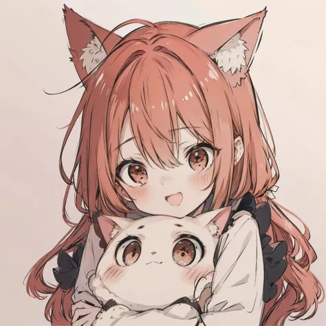 masterpiece, best quality, sketch, eyes visible through hair,cute, light blush, cute face, laughing, red hair, cat ears, arm_sup...