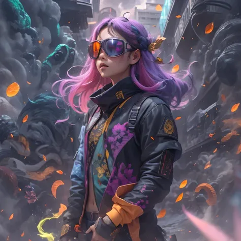 2679 Cyberpunk Year（masterpiece，HD，超HD，32k lotus root starch）Bright purple flowing hair，autumn pond， lotus root starch color， Asian （Michiko）， （silk scarf）， fighting stance， looking at the ground， Orange gradient long hair， ((Thick frame reflective jade wi...