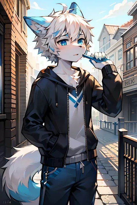 1 boy, Wolf, White and blue fur, young people, blue eyes, messy hair, white hair, short hair, masterpiece, Very detailed, Casual Clothing