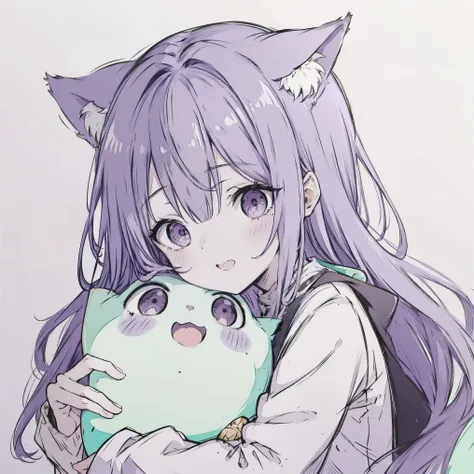 masterpiece, best quality, sketch, eyes visible through hair,cute, light blush, cute face, laughing, purple hair, cat ears, arm_...