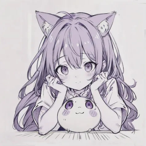 masterpiece, best quality, sketch, eyes visible through hair,cute, light blush, cute face, laughing, purple hair, cat ears, arm_...