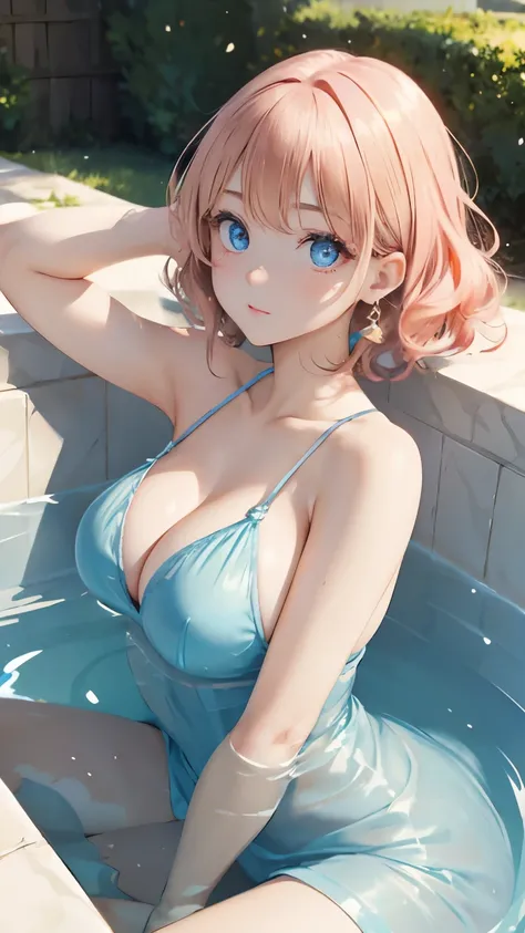 (masterpiece:1.2), (highest quality:1.2),, Curvy but slender body, perfect eyes, perfect face, perfect lighting, 1 girl, in bath, （whole bodyが見える），（bathing），（sleeveless dresses），（pink hair），（smile），（（（sexy pose））），curly hair, Fine clothes, Detailed outdoor...