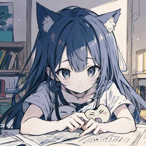 masterpiece, best quality, sketch, eyes visible through hair,cute, light blush, cute face, laughing, dark blue hair, cat ears, arm_support,