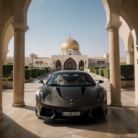 A realistic landscape shot of an enormous royal Arabian  hotel in , sport exotic cars parked outside, broad daylight, cinematic shot