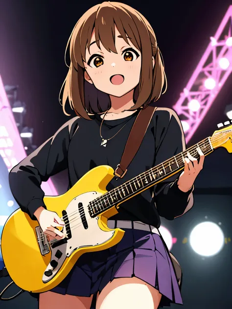 1girl, glam rock outfit, (best quality, masterpiece:1.5), detailed, break (yui hirasawa:1.3)  (playing guitar:1.4), on stage, st...