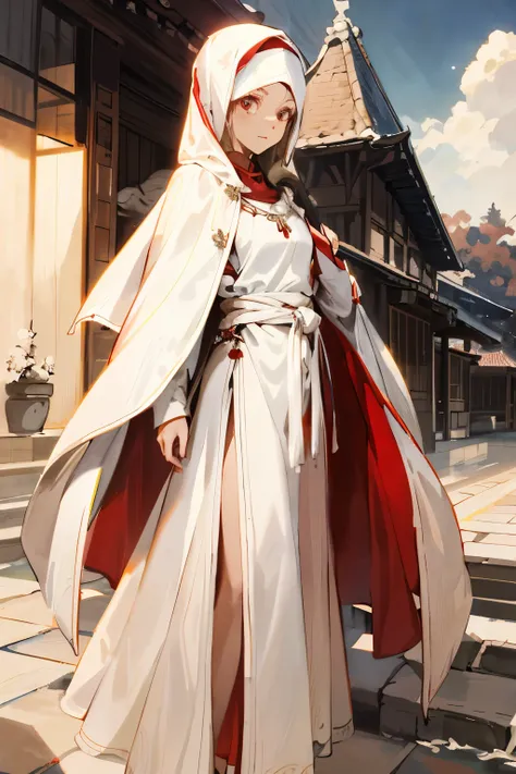 anime - style image of a woman in a white robe and red cape, white cloak, wearing a flowing cloak, very long white cloak, long white cloak, dressed like a cleric, wearing flowing robes, flowing robes, long cloak, flowing white robes, official character art...