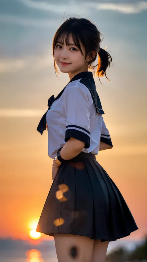 (highest quality,masterpiece:1.3,ultra high resolution),(Super detailed,caustics,8k),(photorealistic:1.4,RAW shooting),A girl turning around with a smile,buckshot,18-year-old,Japanese,cute,black short ponytail,hair blowing in the wind,sailor suit,Skirt in ...