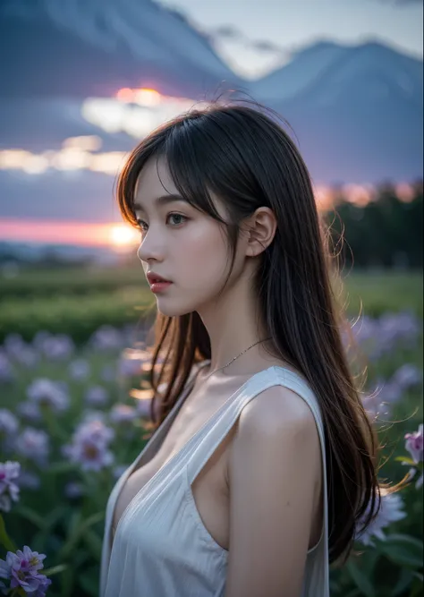 vast landscape photography，（Bottom view showing the sky above and open country below），A girl standing in a flower field and looking up，（Silvery Full Moon：1.4），（meteor：0.9），（star cloud：1.3），distant mountain，（warm light source：1.2），（glow worm：1.2），lots of pu...