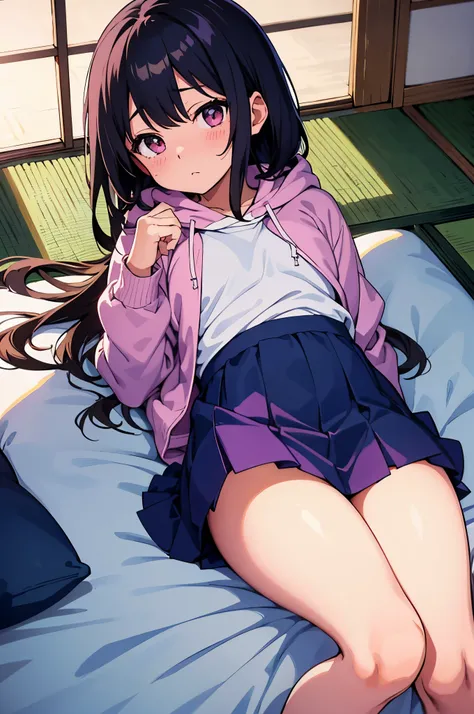 countryside　Japanese house from the Showa era　elementary school girl　8-year-old　flat chest　black hair　long hair　eyes are purple　embarrassed look　（（1 person））　Hooded hoodie with upper body pink　Lower body navy blue mini skirt　white panties　white socks　On th...