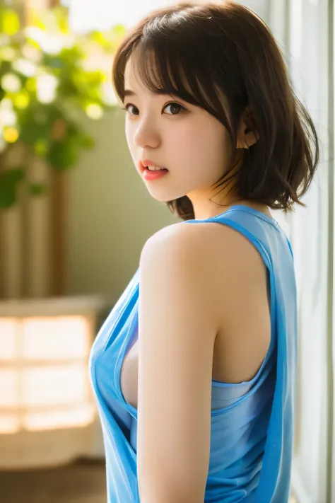 photo of a japanese woman wearing white clothes (tank top:1.4) , side boob,  cute, 14 years old, (thin sexy clothes), black hair...