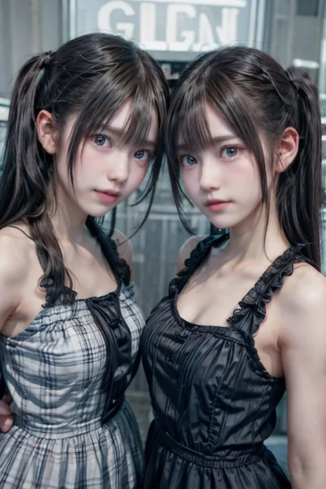 Black and white doe posing for a photo(((two girls wearing dress))), (((beautiful Twins))) , Two girls, black pigtails, beautiful science fiction twins, twin tails, trending on cgstation, twin tails hairstyle, beautiful Twins座, , Trending on cgstation, wlo...