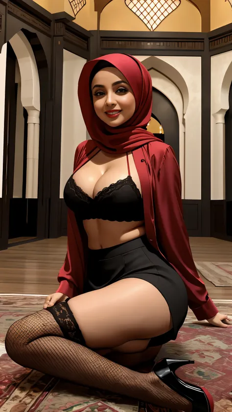 A busty hijabi girl, of Arabic ethnicity, brown skin, Muslim, mature woman, secretary, wearing a black jacket, red open shirt, black mini skirt, fishnet stocking, black high heel, silk headscarf, natural breasts, nice rounded ass, cleavage, sexy, thick hip...