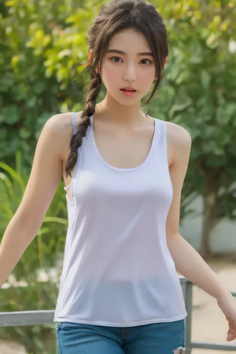 Photo of a Japanese woman wearing white clothes (Tank top:1.4) , side boob,  cute, Shyness, 14 years old, (((thin sexy clothes:1.4))), black hair, short hair, Braid, looking at the viewer, realism, video effects, Volume measurement Lighting, Volume measure...