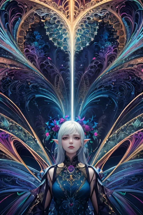 (masterpiece, highest quality, highest quality, official art, beautiful and aesthetic:1.2), (1 girl),light painting, (exposed for a long time:1.2),dynamic streaks,  very detailed,(fractal art:1.3),colorful,most detailed,Chiffon dress,jewelry,flower,goblin,...