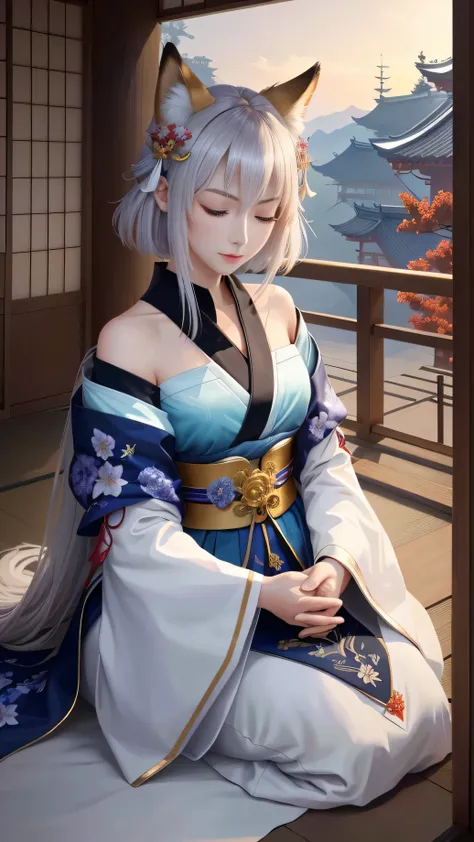 masterpiece , highest quality,close up of face,Mysterious,sitting on the floor,seiza,pray,close your eyes,whole body,Only one person,precision quality,beautiful short hair, masterpiece, japanese architectureの背景,beautiful details, colorful, delicate details...