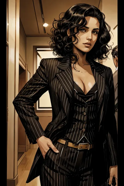 A girl, black hair, curly hair, brown eyes, mobster, bad look, mafia style, striped suit , best quality, masterpiece. 