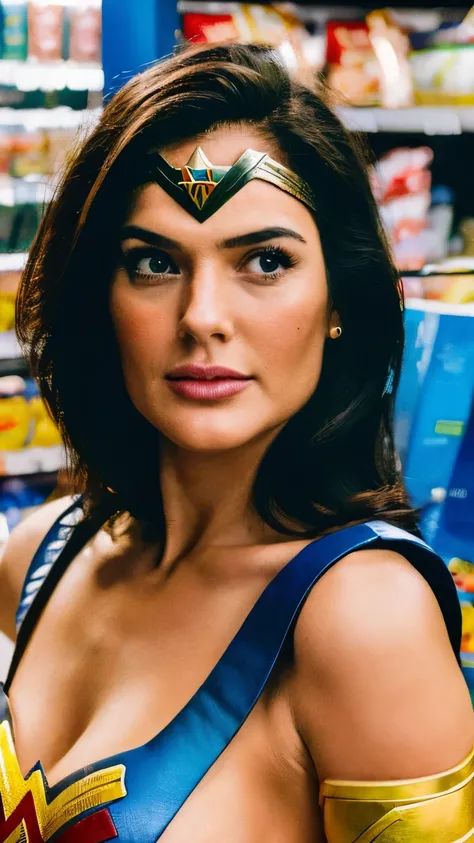 ((Best quality)), ((masterpiece)), (detailed), perfec face, ((wonderwomen)), 1women, Shopping at convenience stores, realistic, real life