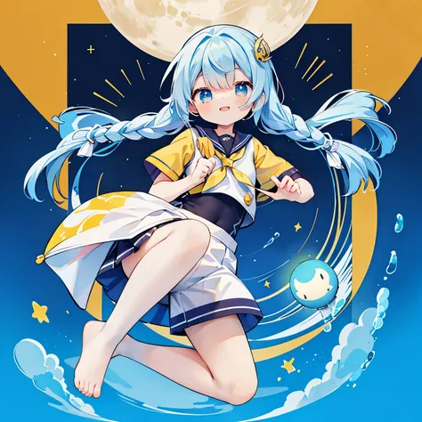 moonへ旅行、Long braided hair、side braids、holding a small flag、no gravity、moon面旅行、sailor suit、sailor color、yellow uniform、lively girl、Banzai、best smile、Floating in the air、Hair bounces、yellow image、moon、crater、moonにいるうさぎ、Water droplets