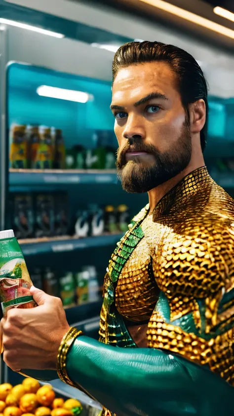 ((Best quality)), ((masterpiece)), (detailed), perfec face, ((aquaman)),1man, Shopping at convenience stores, realistic, real life