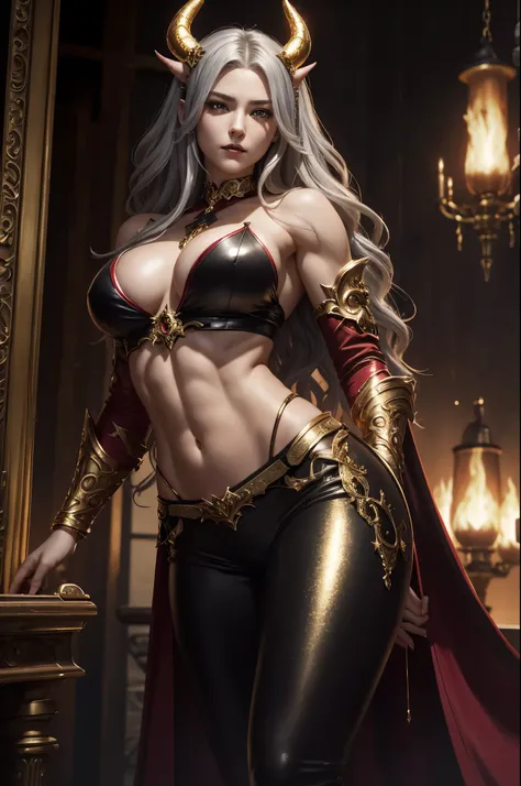 8K、A bewitching succubus wearing a luxurious red casual outfit.,super beautiful(Like the real thing)、gorgeous red and black pants,Women of Ala Fed、Beautiful wavy silver hair、big and full breasts、5d cgi anime fantasy artwork、fan art mayo art station、デジタルfan...