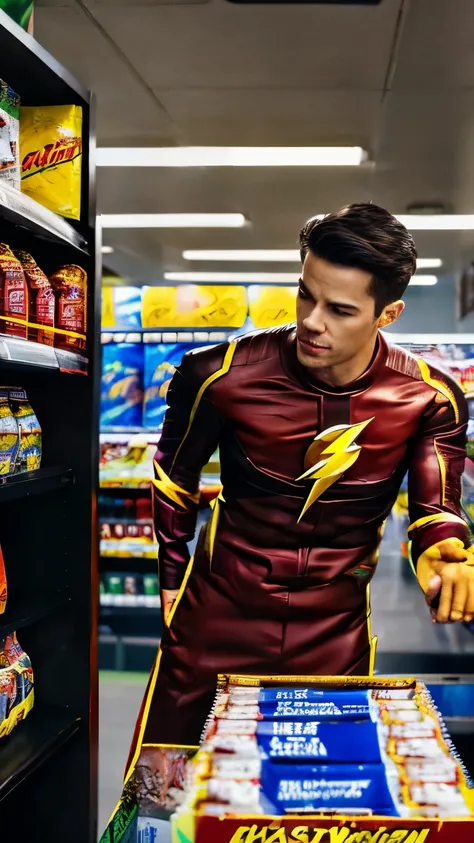 ((Best quality)), ((masterpiece)), (detailed), perfec face, ((theflash)),1man, Shopping at convenience stores, realistic, real life