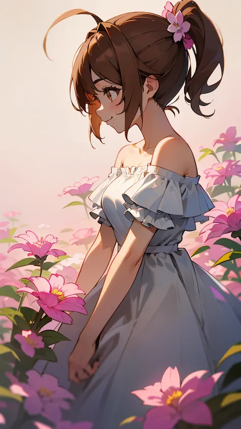 muste piece、highest quality、High resolution、(1 girl、solo、Big eyes、Dark brown eyes、light brown hair、side ponytail、breast、Ahoge、plain white off shoulder dress、short sleeve、frills、Pink flowers on a light background、profile、smile)