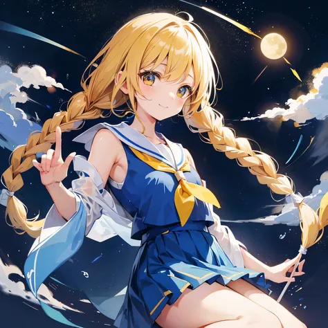 moonへ旅行、Long braided hair、side braids、holding a small flag、no gravity、moon面旅行、sailor suit、sailor color、yellow uniform、lively girl、Banzai、best smile、Floating in the air、Hair bounces、yellow image、moon、crater、moonにいるうさぎ、Water droplets、moon面着陸、moonでジャンプ、地面がmoo...