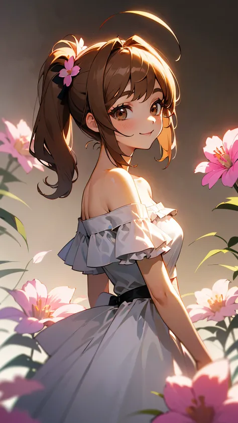 muste piece、highest quality、High resolution、(1 girl、solo、Big eyes、Dark brown eyes、light brown hair、side ponytail、breast、Ahoge、plain white off shoulder dress、short sleeve、frills、Pink flowers on a light background、From the side、smile)