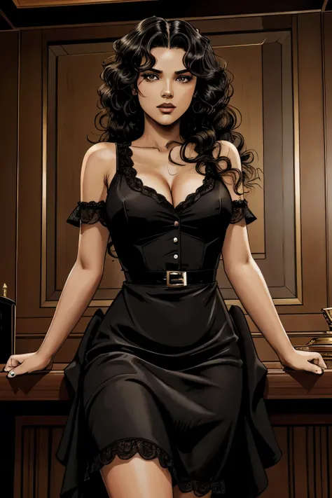 A girl, black hair, curly hair, brown eyes, mobster, bad look, mafia style, dress , best quality, masterpiece.