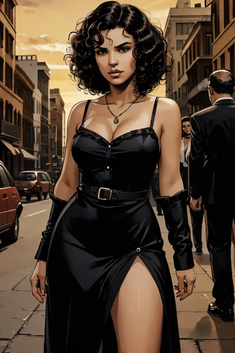 A girl, black hair, curly hair, brown eyes, mobster, bad look, mafia style, dress  , best quality, masterpiece. 