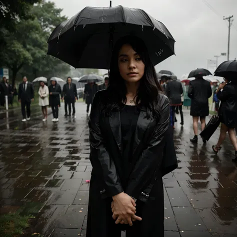 A funeral in the middle of the rain, there is coffin in the middle of people wearing black suit