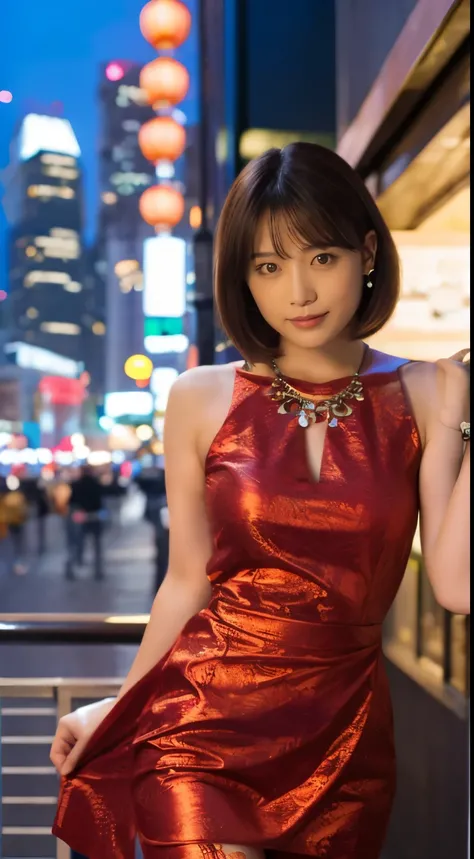 high-definition images, atmospheric perspective, 8k, super detail, accurate, best quality, angle from below, a woman, drooping eyes, sleepy face, blush, in the city, busy, skyscrapers, ((bo bc hair, short hair , length below ears)) skirt, thick tights, hig...