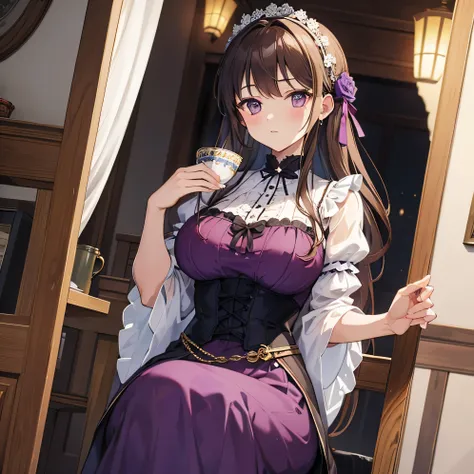 brown haired woman, purple eyes, Violet dress, victorian dress, royalty, Noble, drinking tea with women