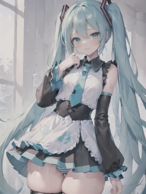 (((highest quality, masterpiece, High resolution, Super detailed:1.5))), 1 girl, ((hatsune miku)), (12 years old, pretty girl, pretty girl), (teal twin tall, Teal long twin tall) break (pure white blouse, pure white sleeveless clothes), break (black separa...