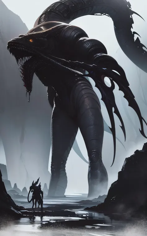 Beautiful female xenomorph, Photorealistic style, creature, Science fiction, dark, Smooth texture, Glossy exoskeleton, Biomechanical design, elongated head, elongated jaws, sharp teeth, piercing black eyes, slender body, The tail of biomechanics, Transluce...