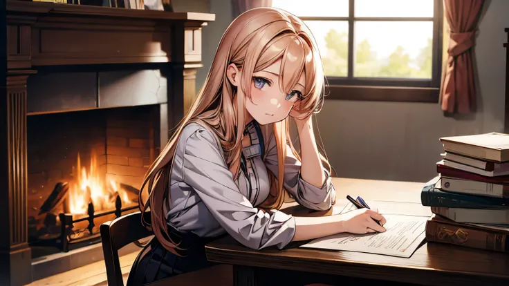 Home study with fireplace、A lot of books on the table, Writing with a pen, 1 girl, seductive anime girl, beautiful anime girl, beautiful attractive anime woman, beautiful charming anime teen, realistic anime girl render, attractive anime girl, cute anime g...