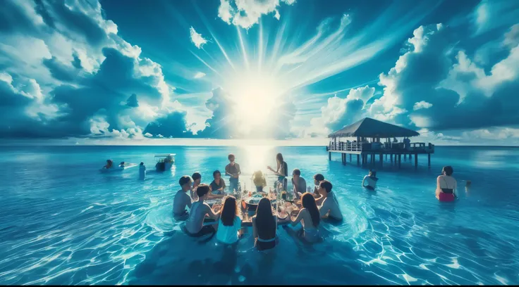 People sitting around a table in the middle of a large body of water々, Unsplash Contest Winning Photos, afternoon hangout, beach surreal photography, amazing depth, summer setting, paradis in the background, summer swimming party, Pexels contest winner, pa...