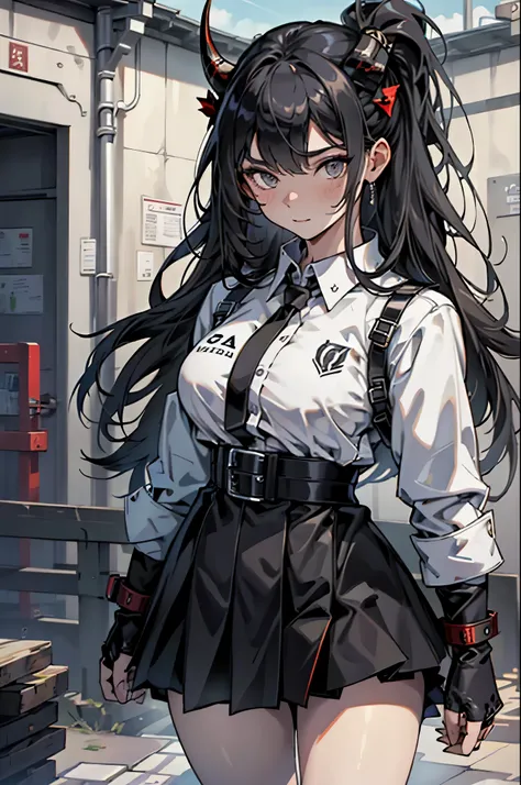 Ultra-detailed，high resolution，Ultra-detailed，Best quality，amazing，quality，Extremely detailed CG unified 8k wallpaper，Draw a woman，17 years old，black hair，There are Devils Horns，Ghost Clan，穿着Girls high school students校服，Girls high school students