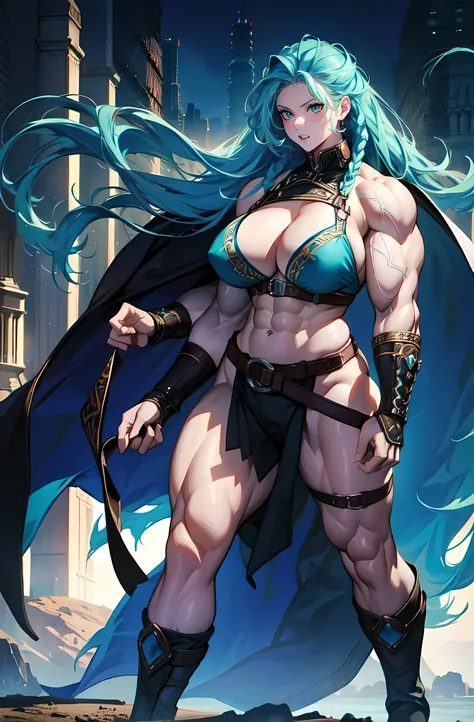 solo Female viking, aqua green eyes, (young:1.2), (((Huge breasts:1.2))), ((((Muscular Legs)))), (((((Massive Female Bodybuilder))))), (((((Huge Muscles))))), wearing brown furs and hides, (wearing furs:1.3) (blue norse tattoos:1.2), blue eyes, platinum bl...