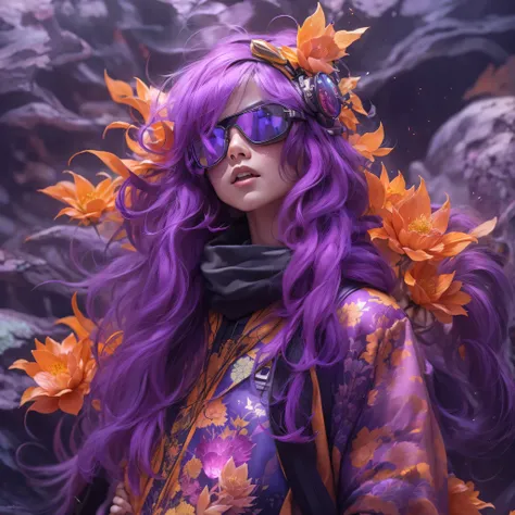 2679 Cyberpunk Year（masterpiece，HD，超HD，32k lotus root starch）Bright purple flowing hair，autumn pond， lotus root starch color， Asian （Michiko）， （silk scarf）， fighting stance， looking at the ground， Orange gradient long hair， ((Thick frame reflective jade wi...