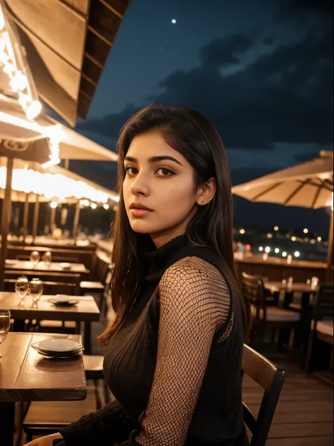 Raw photo, realistic,girl,Indian girl,age 22, full body,pale skin, body, beautiful face, detailed face,black fishnet sweater dress,big breasts, upper body, sitting, cowboy shot, outdoor, night, restaurant, ((looking at viewer:1.4)),((face towards me)), fro...