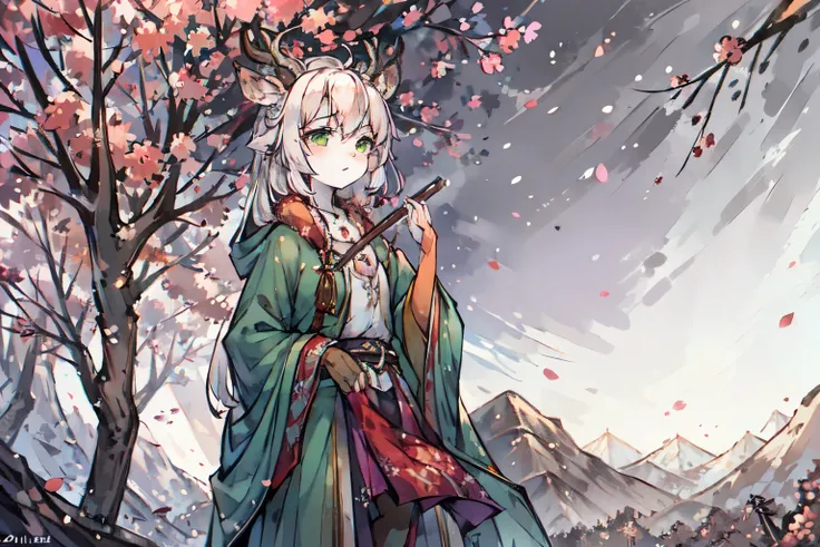 ink style，a white deer，antlers，plum tree，Plum petals，plum blossom branch，Stand by the tree，green-shirt，long cloak，Flowing cloak，Cute Shota，Flute in hand，green eyes，Moderate，Orange trees，The trees are full of oranges，There is a book next to you，mountains，wh...