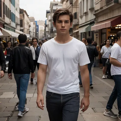 Vista desde un plano superior, a thin 29 year old young man, piel blanca, short brown hair, ropa casual, walking surrounded by a crowd and yet he finds himself alone.