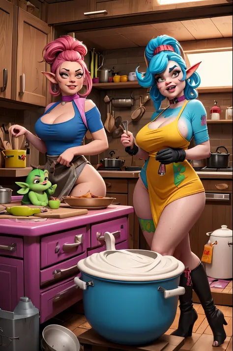 A sexy goblin with very big bouncy, big nipples, big ass, trailer trash cute face, and a crazy hairdo is cooking in a chaotic kitchen. She is wearing a trailer trash queen outfit and playfully flirting with the viewer. The scene is captured in (best qualit...