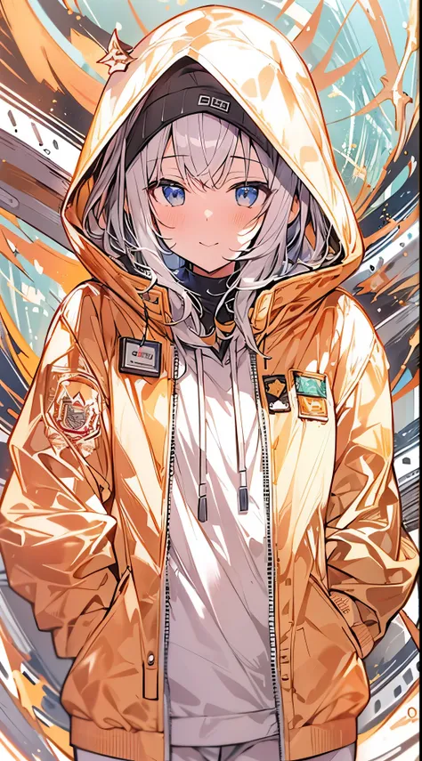 Top Quality, Masterpiece, High Resolution, 8k, Hoodie and Anime Style Girl, One Girl, Detailed Line Art, Bright White and Bright Amber Style, Digital Enhancement, Close Up, Anime Core, Flowing Fabric、((((白髪))))、(((金色の瞳)))、(((((黒パーカー)))))