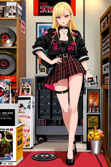 anime artwork 20 y.o. sexy punk shop salesman behind the counter wearing punk clothes, long blonde hair, skirt, red glowing eyes...