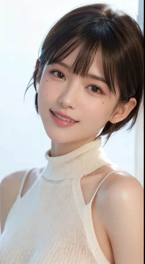 pixie cut muste piece, top quality, High freshness)), 1 baby girl, (It&#39;s photorealistic: 1.4), 服autumn clothes、Berry Shortヘア、bright hair、moving hair、Berry Short、Extremely short hair、solo, background whiteい, pure white background, A happy smile, A happy...